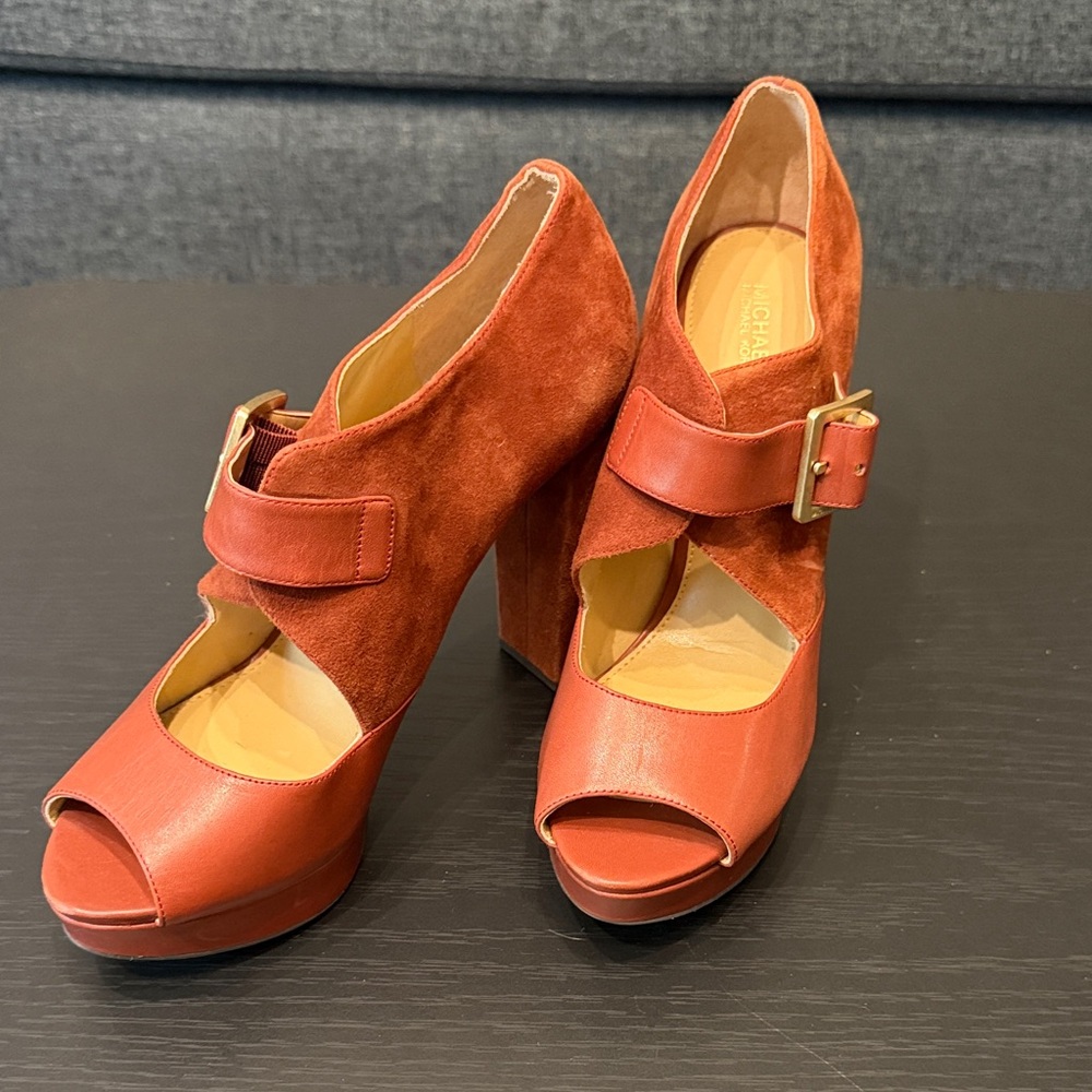 Michael Kors Burnt Orange Suede & Leather Peep-Toe Platform Heels